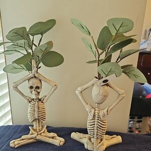 New Two 12" Ceramic Yoga Skeletons with Greenery  Halloween Decor Holiday